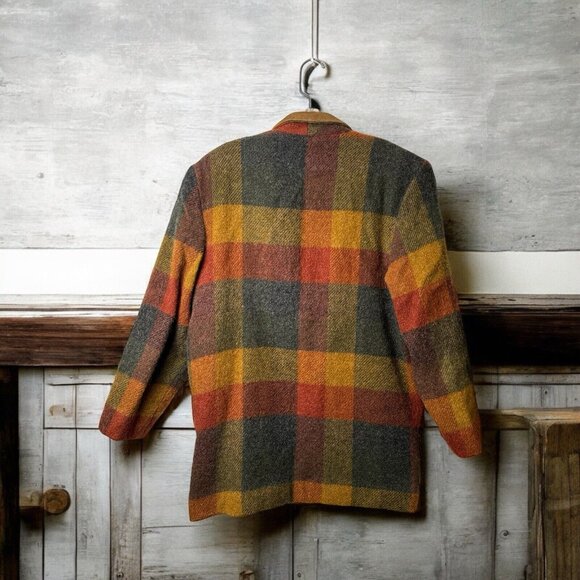 Vintage 80sWoolrich Jacket Wool Mohair Autumn Plaid Leather Collar Women's M USA - Picture 4 of 10